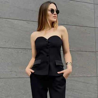 2025 Women Crop Corset Top Summer Tanks & Camis White Black Tank Top Button Off Shoulder Sleeveless Tube Top Fashion Vests