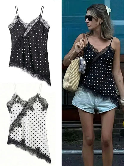 Women 2026 Trend Polka Dot Sling Tops Asymmetric Sleeveless V-Neck Lace Decorative Tops Elegant Fashion Holiday Outfits Camis