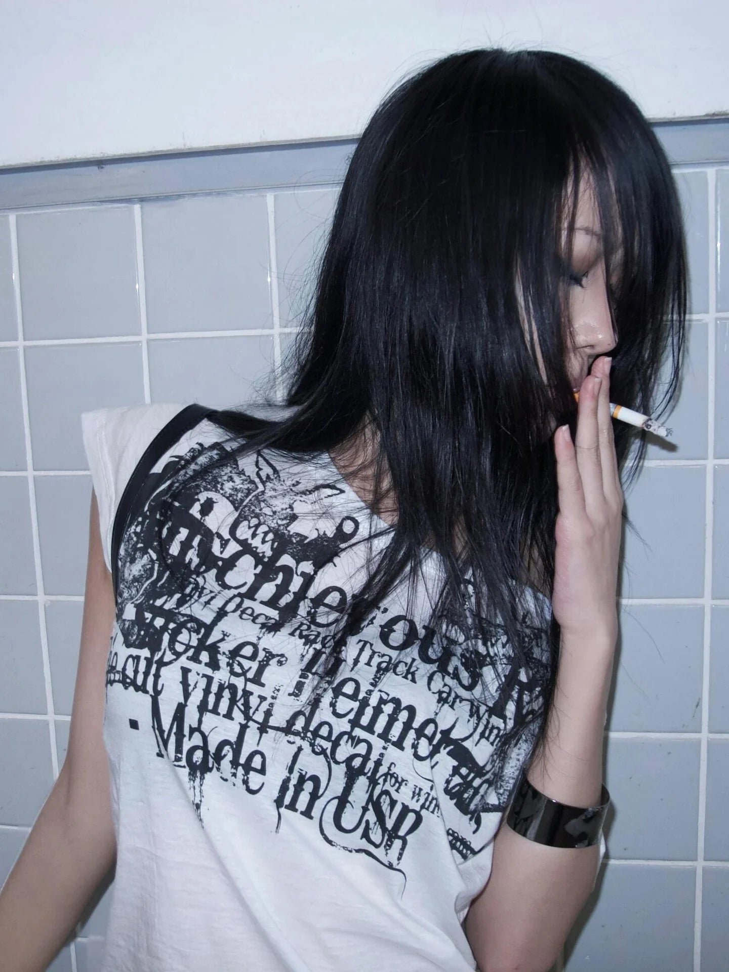 Japanese Y2k Letter Print T-shirt Trashy 2000s Style Tattoo T Shirt Vintage Harajuku Short Sleeve Sheer Tops Grunge Goth