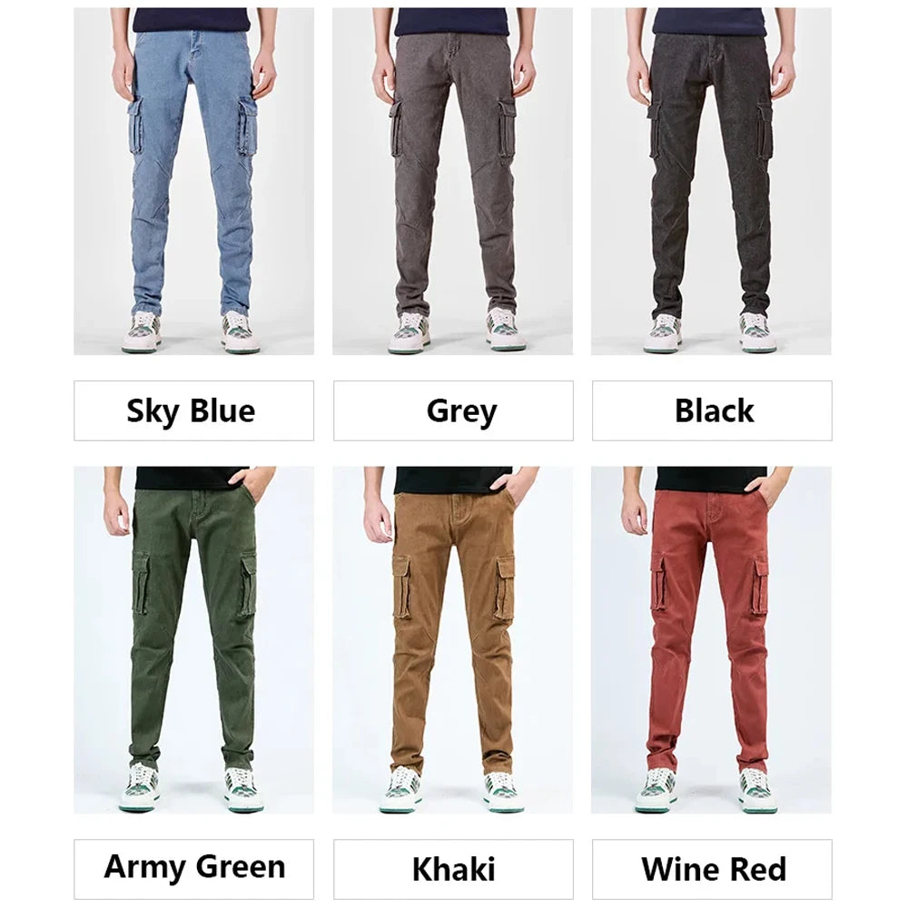 Men's Jeans Street Style Waist Denim Cargo Pants Solid Color Washed Slim Fit Casual Jeans with Multiple Pockets for Daily Wear