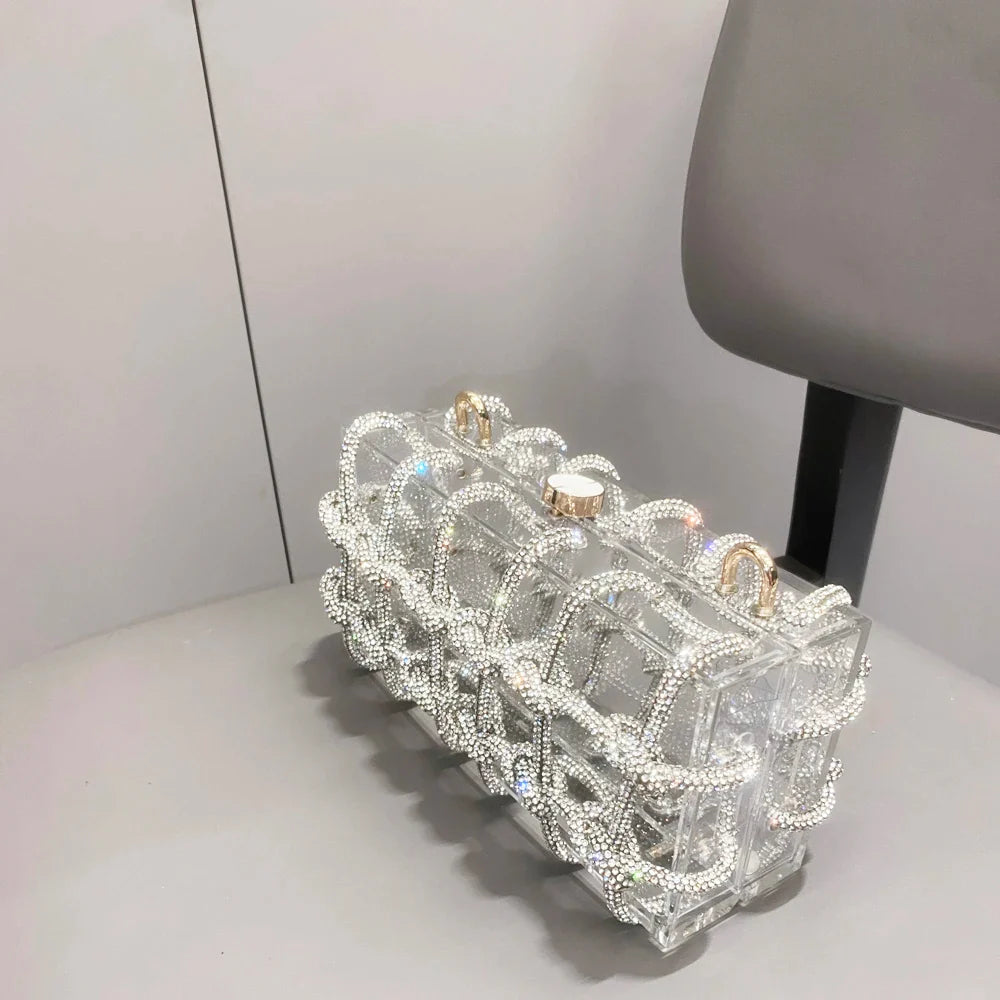 Bolsa de Noite com Alça e Strass Prateada de Cristal Feita à Mão para Mulheres, Bolsas e Bolsas de Mão de Designer de Luxo para Banquete