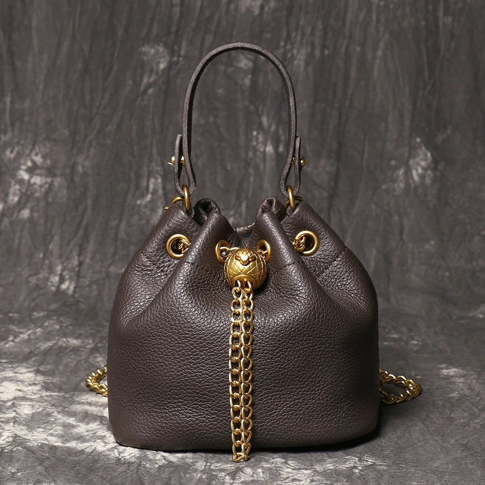 Metal Drawstring Versatile Women's Handbag Genuine Leather Chain Crossbody Bag Vintage Bucket Bag Mobile Phone Bag