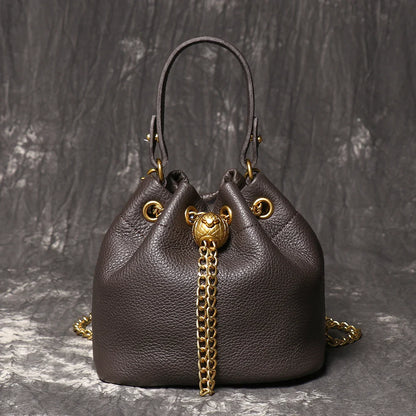 Metal Drawstring Versatile Women's Handbag Genuine Leather Chain Crossbody Bag Vintage Bucket Bag Mobile Phone Bag