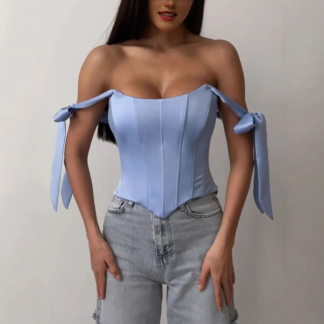Bandage White Corset Top Women Elegant Black Satin Bustier Fishbone Zip Sexy Sleeveless Streetwear Fashion Summer Blue Clothes