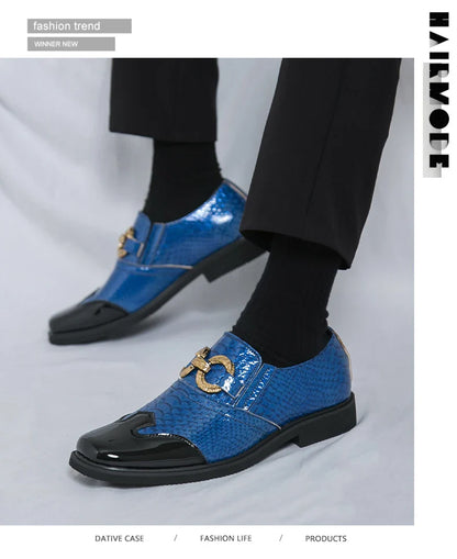 A man with a square-headed fish-scale patterned shiny leather shoe walked the runway in a formal business Derby groom's shoes