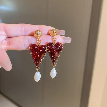 Charming Red Color Resin Love Heart Dangle Earrings for Women Baroque Freshwater Pearl Long Earring Wedding Party Jewelry