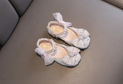 Toddler Girl's Princess Shoes Sequins Lace Bowknot 21-36 Children Mary Janes Three Colors Luxury Trendy Party Kids Shoes Flats