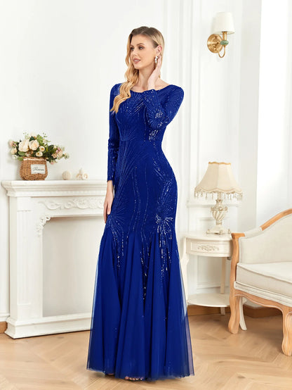 Elegant Long Sleeves Sequin Tulle Evening Dresses 2025 Women Luxury Mermaid Formal Bridesmaid Party Maxi Prom Dress