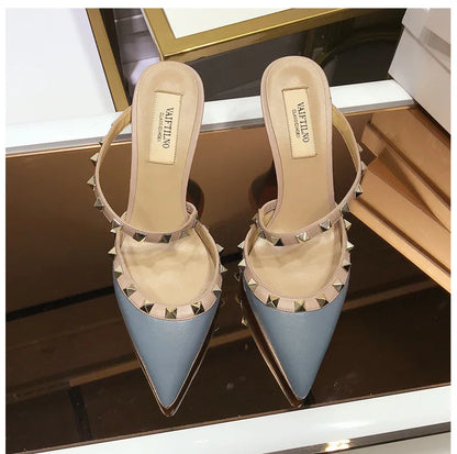 2025 New Genuine Leather Gladiator Pumps Sandals Luxury Metal Rivets Summer Women Outdoor Slippers Black Fashion High Heels 41