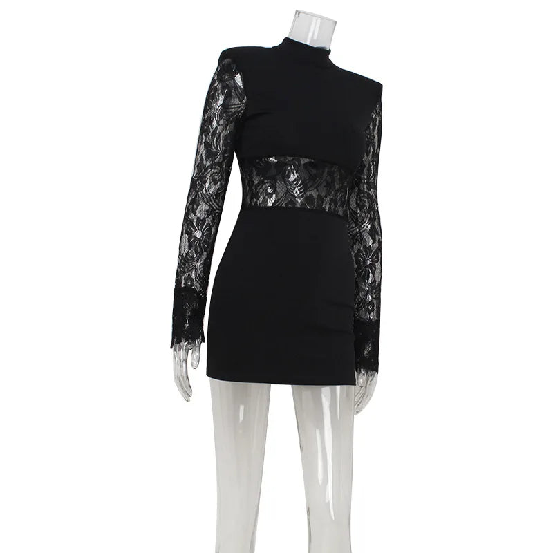 Patchwork Lace Hip Wrap Sheath High Collar Women Dresses Long Sleeve Sexy Club Fashion Bodycon Sheer Female Vestidos