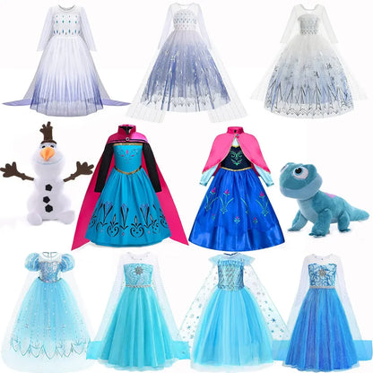 Holiday Party Birthday Gift Girls Cosplay Elsa White Snow Moana Princess Dress Summer Casual Dress + Accessories Set