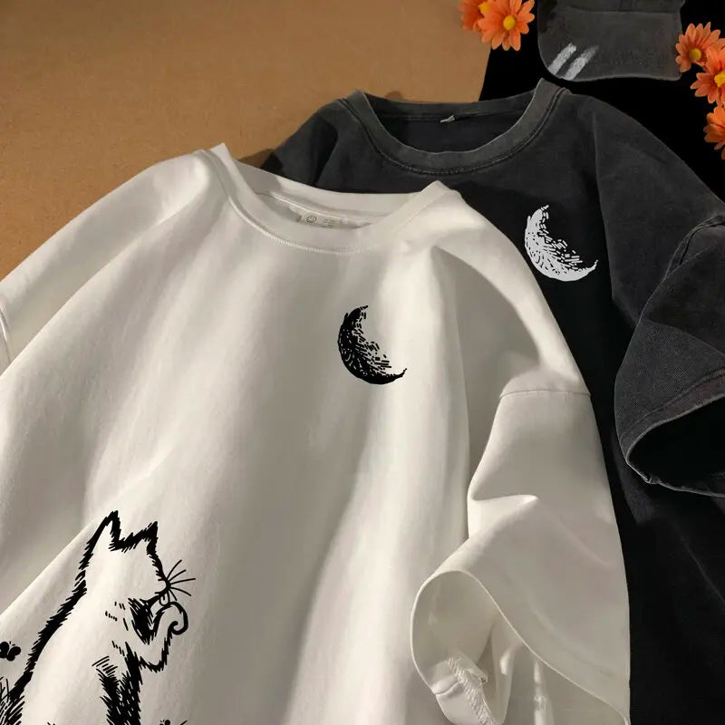 Men's T-shirts Oversized White Big Size 5XL Cotton T Shirt for Men Casual Summer Wear Cat Moon Print Tee Shirts Men Clothing