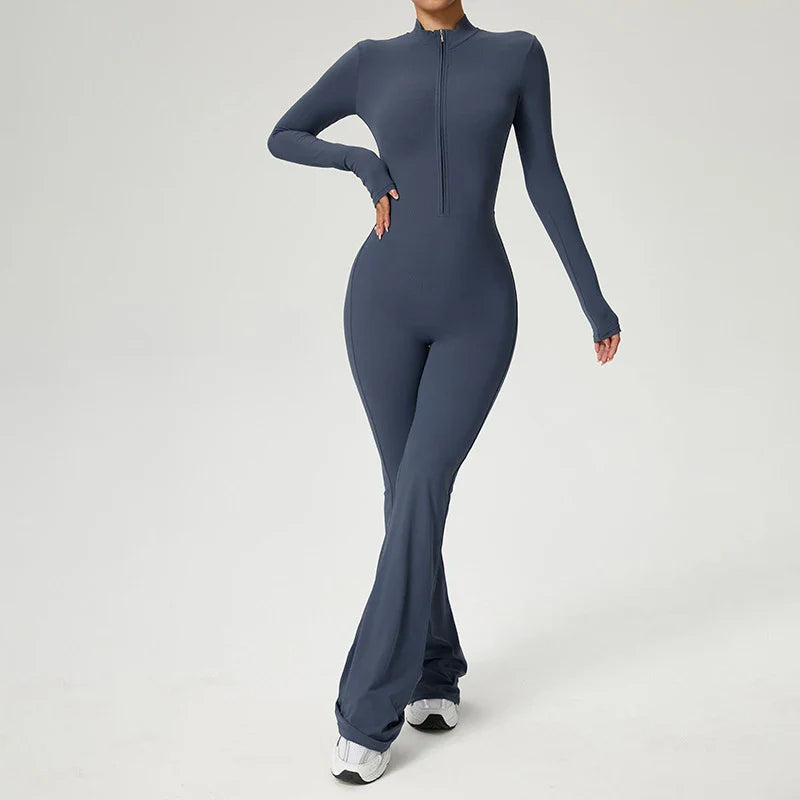 Zipper Jumpsuit Flared Pants Women Clothing Sportswear Gym Yoga Sport Sets Spandex Nylon Workout Sets Women Tracksuit