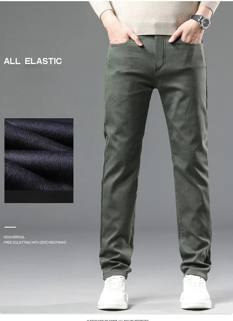 Winter New 2025 Fleece Pants Men's Thick Slim Elastic Business Casual Velvet Pants Warm Fashion Solid Color Plush Trousers Male