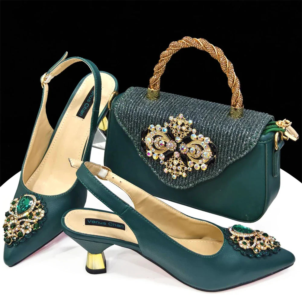 Latest Wedding Pointed Toe Women's Shoes High Heel White Color Rhinestones Party Ladies Shoes And Bag Set