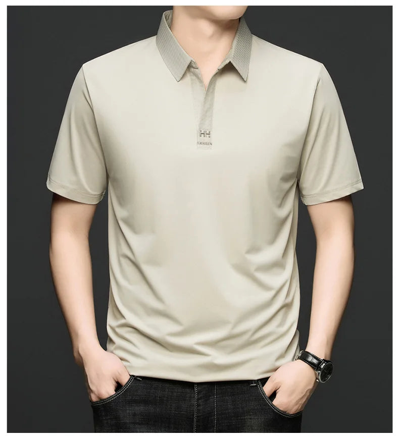 Fashion V-neck short sleeve T-shirt men's summer solid color silky smooth breathable personalized jacquard buttonless polo shirt