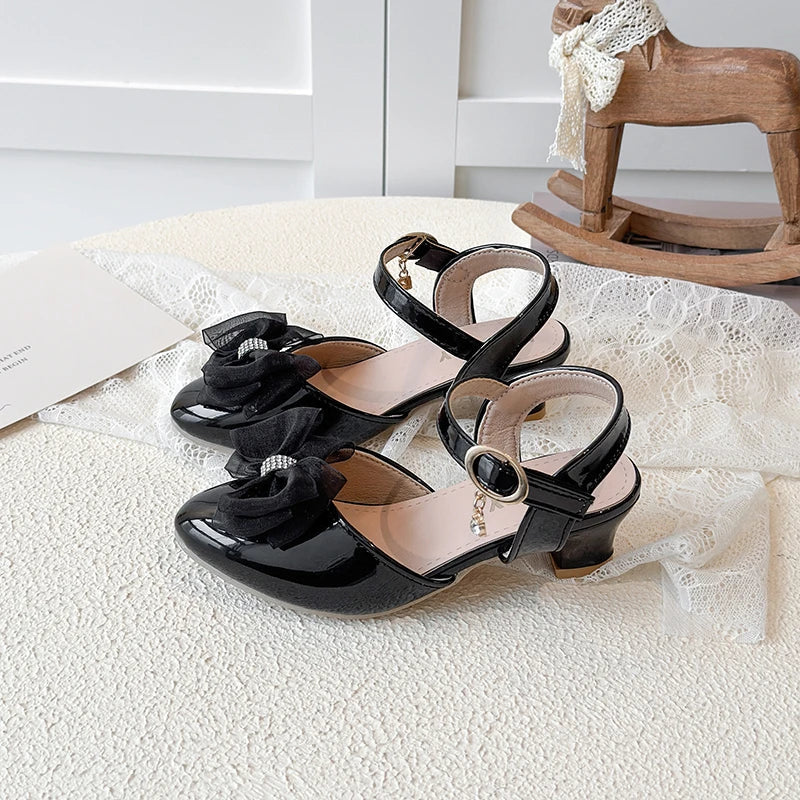 Girls Sandals Fashion Bow Girls High Heels Pink Kid Non-slip Princess Performance Shoes 3-18 Years Old Children's Leather Shoes