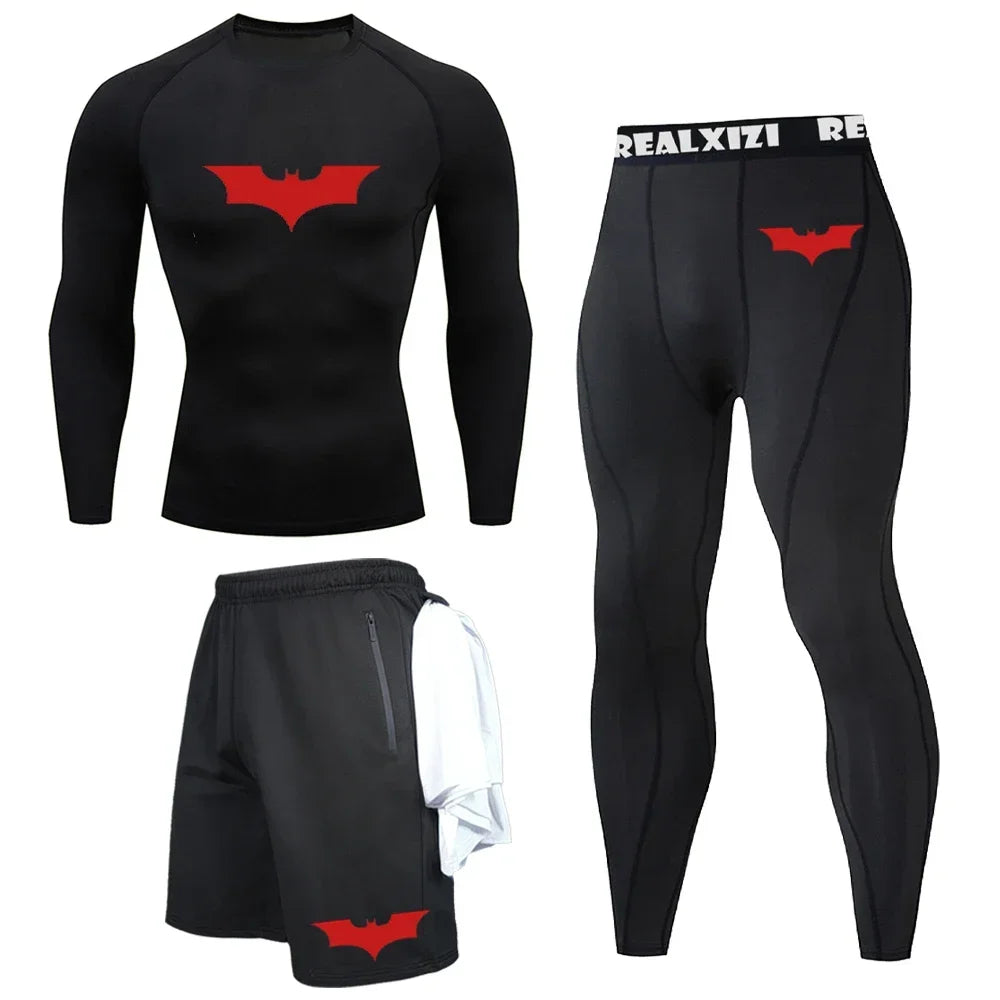 Bat Graphic Print Long Sleeve Set Men's Compression T-Shirt Shorts Pants Suit 3 Piece Set Spring Summer Gym Fitness Sportswear