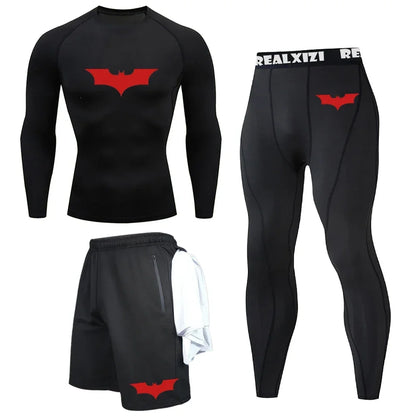 Bat Graphic Print Long Sleeve Set Men's Compression T-Shirt Shorts Pants Suit 3 Piece Set Spring Summer Gym Fitness Sportswear
