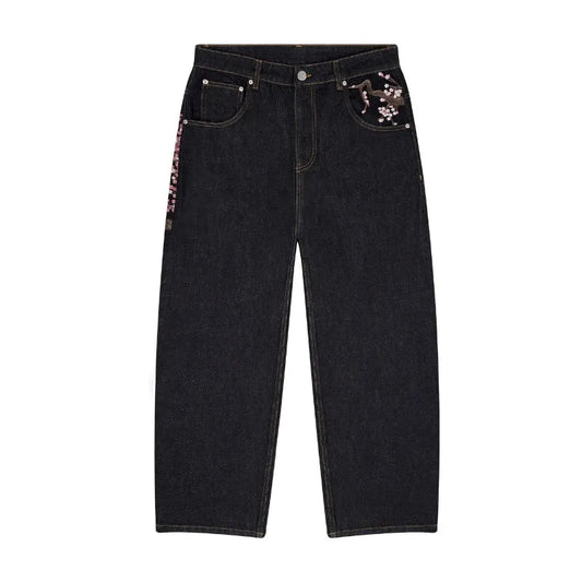 Y2K Harajuku jeans Goth vintage plum blossom embroidery pattern wide leg pants men women denim fabric American style street wear