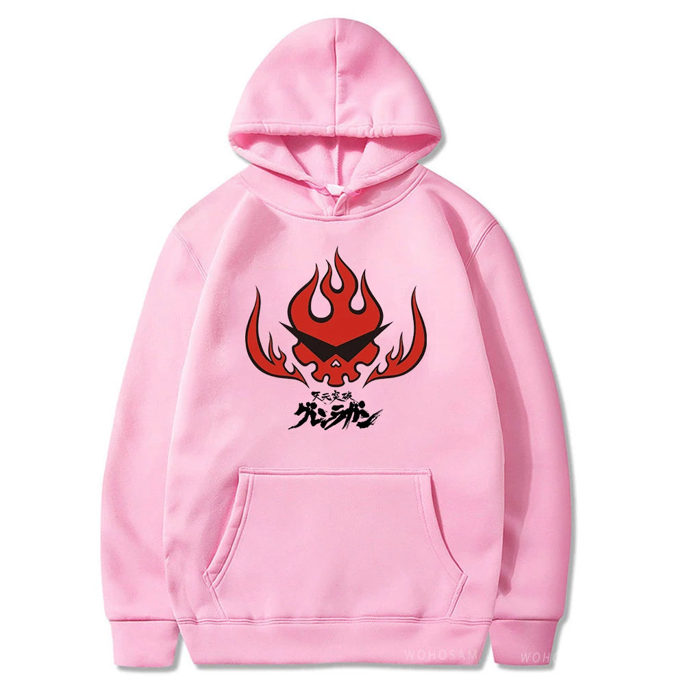 Anime Tengen Toppa Gurren Lagann Letter Hoodies Harajuku Flaming Skull Red Graphic Autumn Winter Warm Patchwork Sweatshirts
