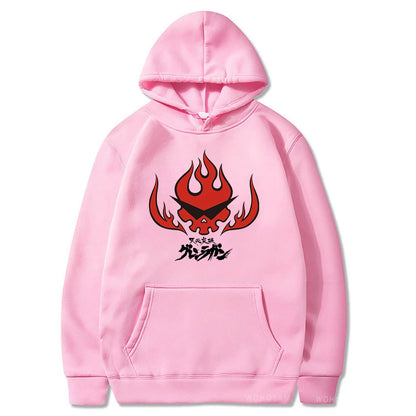 Anime Tengen Toppa Gurren Lagann Letter Hoodies Harajuku Flaming Skull Red Graphic Autumn Winter Warm Patchwork Sweatshirts