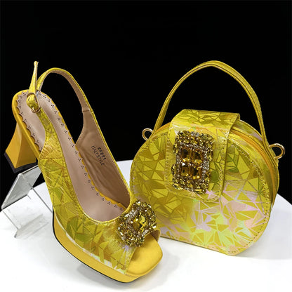 Elegant Women Heels for Peep Toe Good Material Design Rhinestone Fuchsia Sandals Italian Shoes and Bags Matching Set 2025