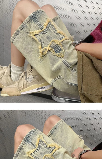 Star Patchwork Yellow Clay Color Jeans Summer Men Denim Shorts Trendy Streetwear Five-point Pants Straight Jeans Shorts