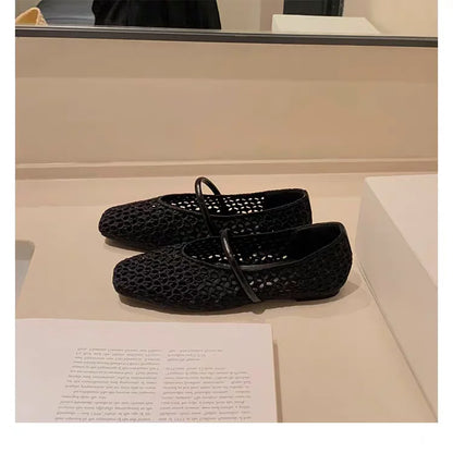 2025 zapatos de Ballet de malla hueca para mujer, sandalias transpirables Mary Jane con cabeza cuadrada, calzado con correa
