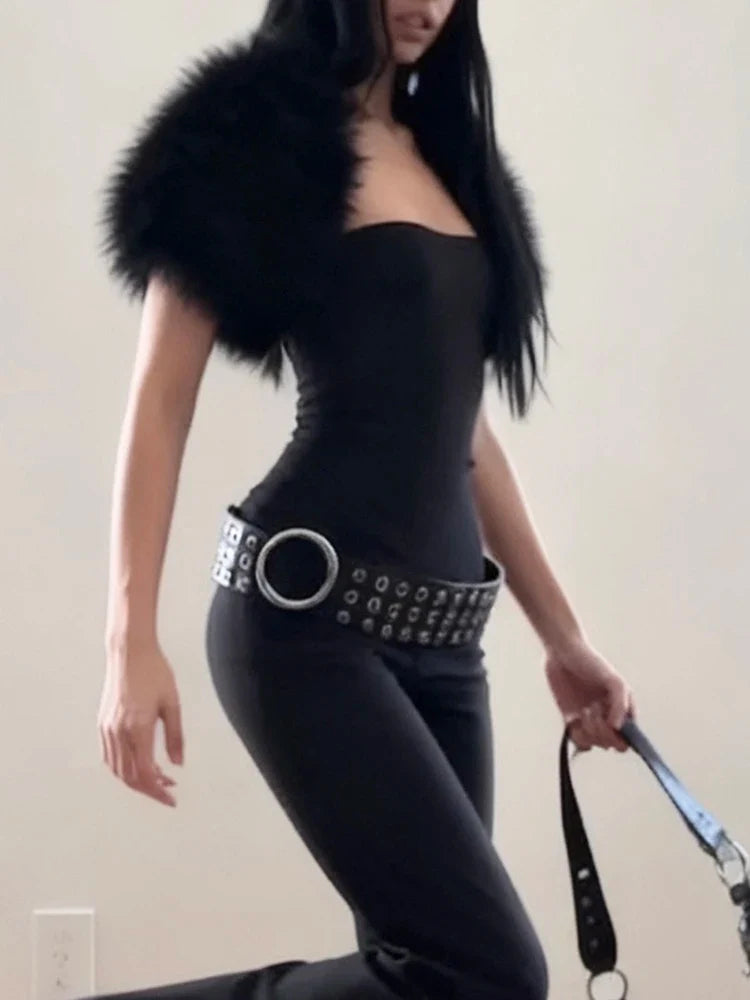 Trend Classic 2-Piece Set Women Sexy Furry Shawl+Sleeveless Tank Top Fashion Party Club Stretch Skinny Activi Outfits