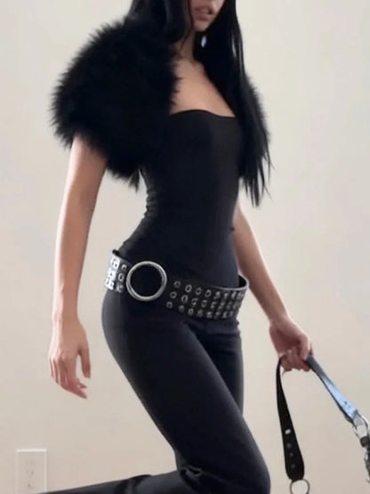Trend Classic 2-Piece Set Women Sexy Furry Shawl+Sleeveless Tank Top Fashion Party Club Stretch Skinny Activi Outfits