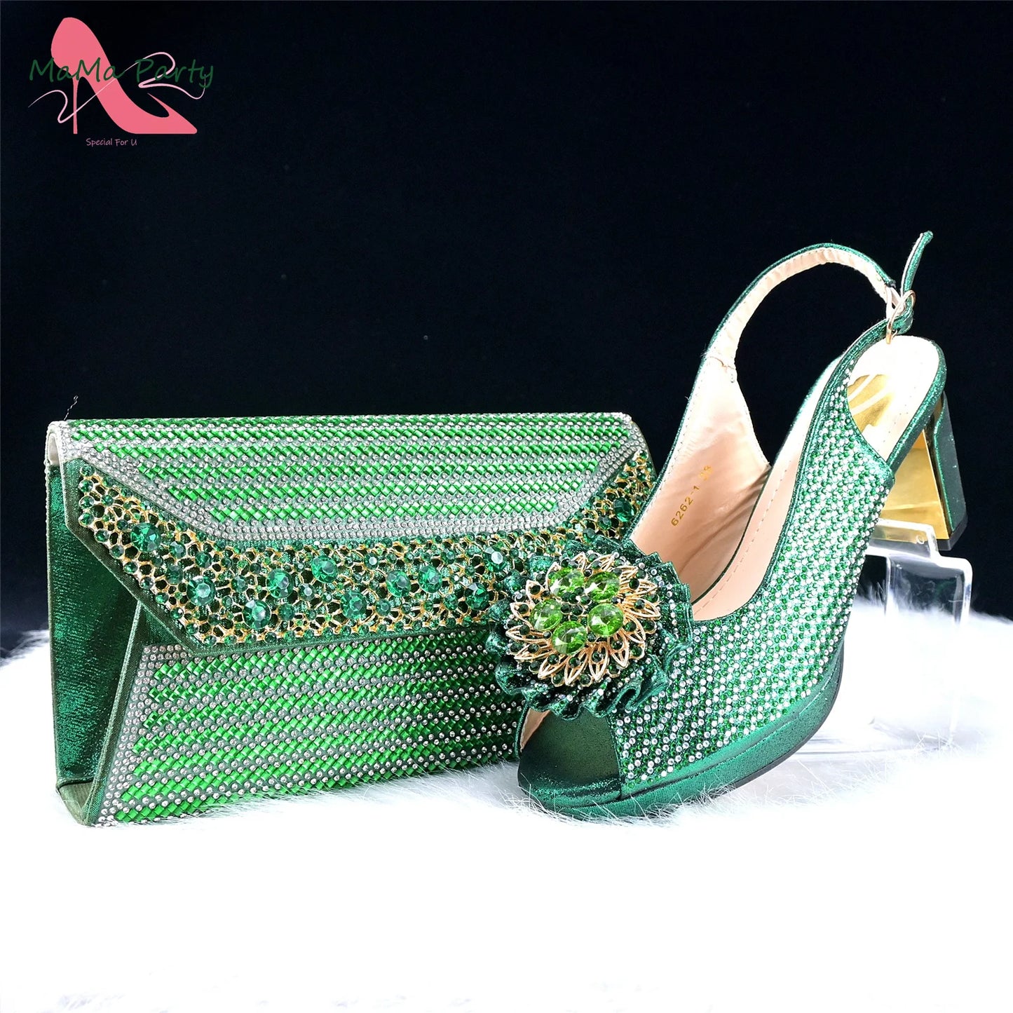 Italian Women Shoes Matching Bag Set in Green Color 7 CM Comfortable Heels with Plaform Elegant Peep Toe Sandals