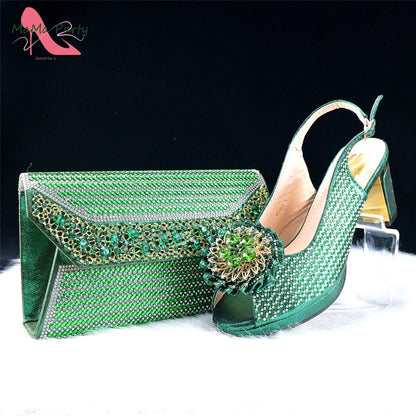 Italian Women Shoes Matching Bag Set in Green Color 7 CM Comfortable Heels with Plaform Elegant Peep Toe Sandals