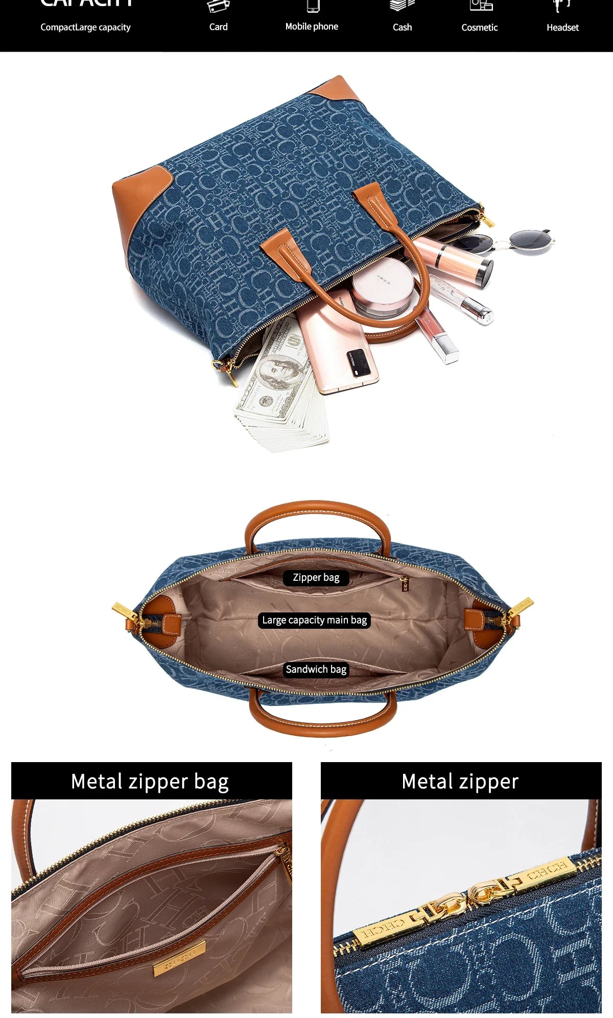Women's Travel Bag 2025 New Cowboy Splicing Design Tote Bag Women's Large Capacity Crossbody Bag