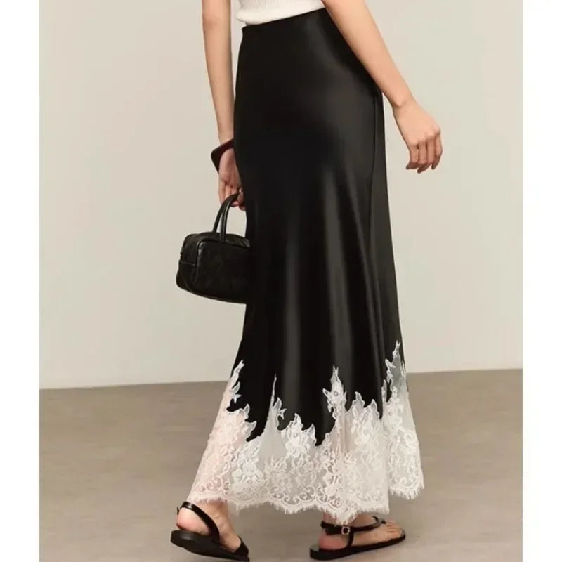 Fairy Elegant Lace Trim Satin Skirt Women High Waist Wrapped Hip Slim Midi Lace Hem Skirt Office Summer Daily Chic Lady Clothes