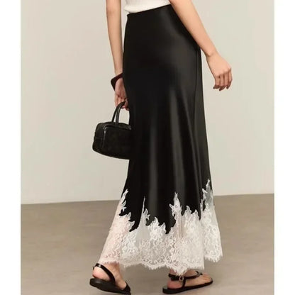 Fairy Elegant Lace Trim Satin Skirt Women High Waist Wrapped Hip Slim Midi Lace Hem Skirt Office Summer Daily Chic Lady Clothes