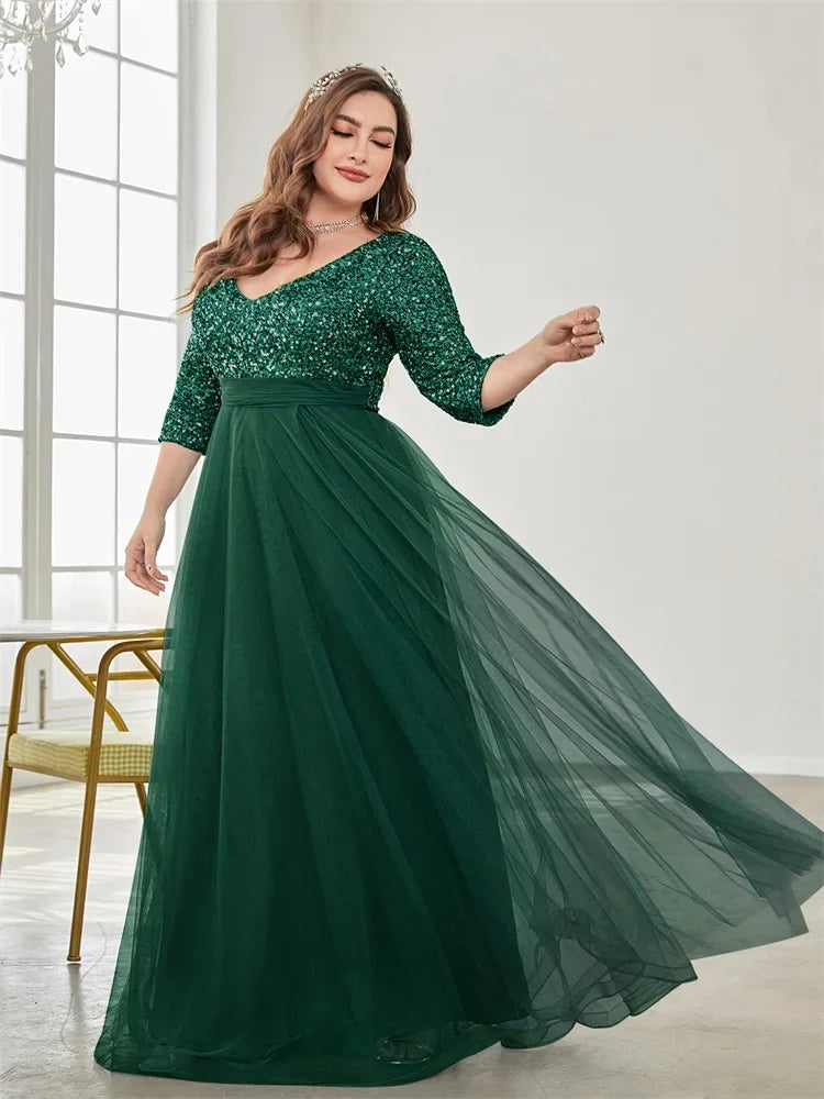 Plus Size Luxury Floor Length V-Neck Evening Dress Women Elegant Party Maxi Dress Sequins Short Sleeves Prom Cocktail Gowns