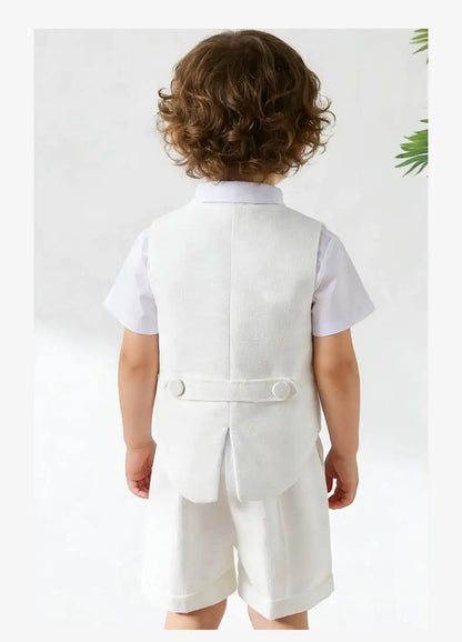 Boys White Linen Suit Set Summer Short Sleeve shawl  Vest & suspenders Shorts Gentleman Outfit for Wedding Party Occasions