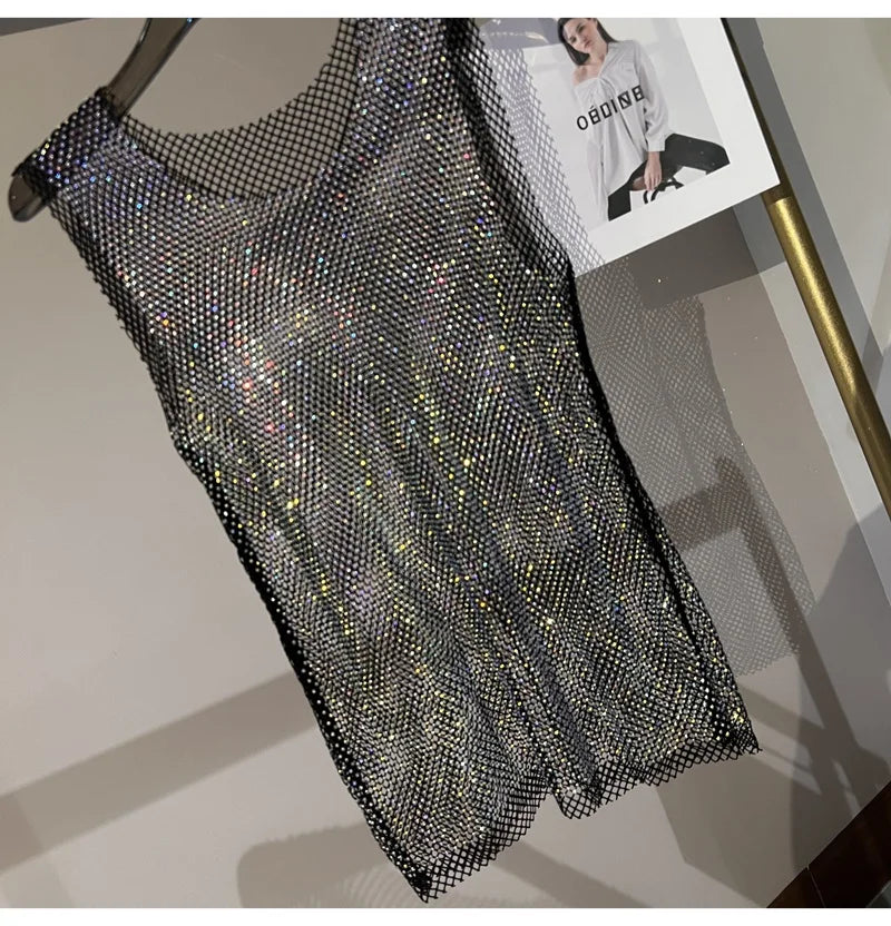 Women&Men Crystal  Rhinestones Shiny Sexy Y2K Tank Tops High Quality Party Club Sexy See Through Mesh Hollow Out Diamond shirt