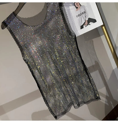 Women&Men Crystal  Rhinestones Shiny Sexy Y2K Tank Tops High Quality Party Club Sexy See Through Mesh Hollow Out Diamond shirt