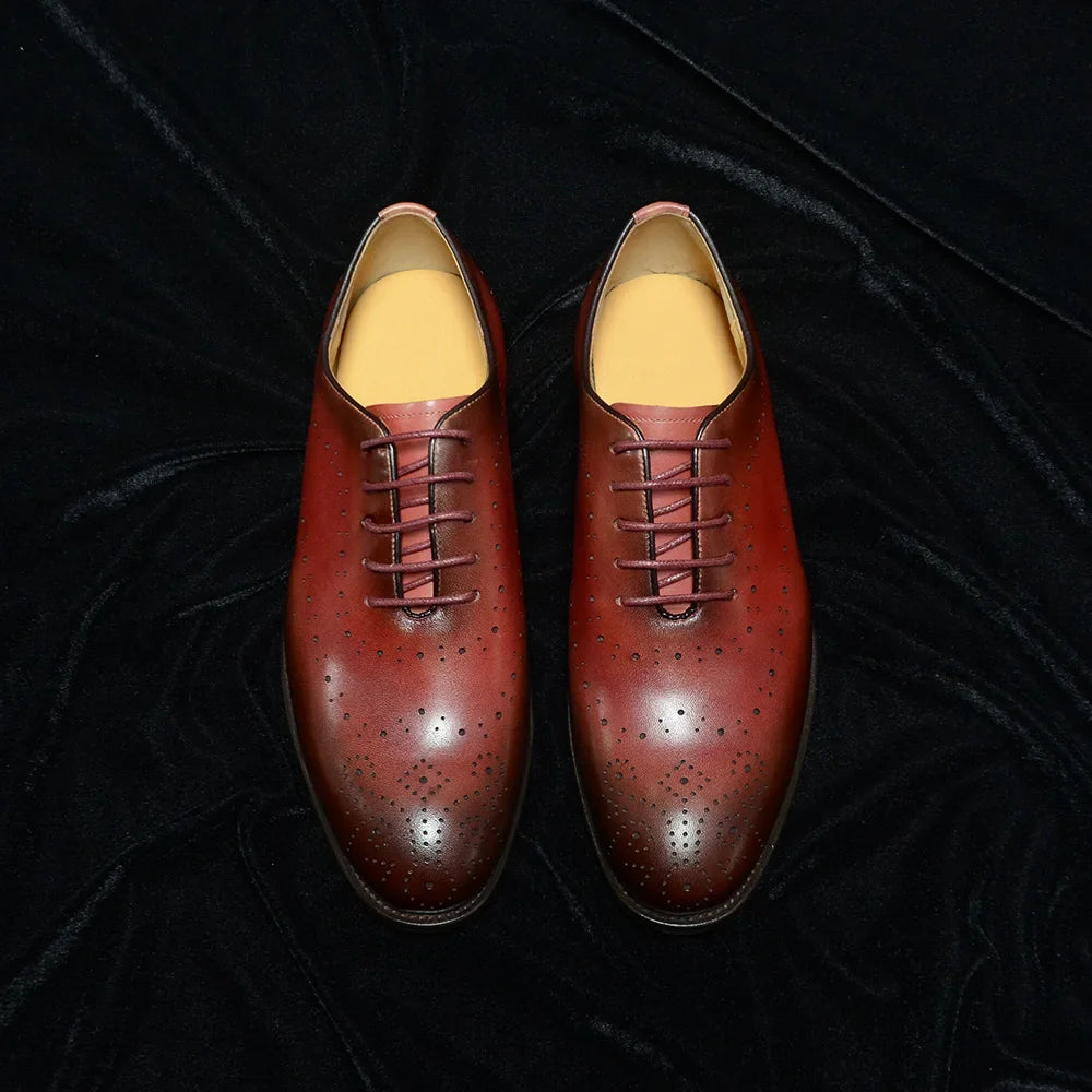 Luxury Genuine Leather Men's Dress Shoes Red/Black Wingtip Oxford Formal Lace-up Brogue Business Man Shoes for Social Wedding