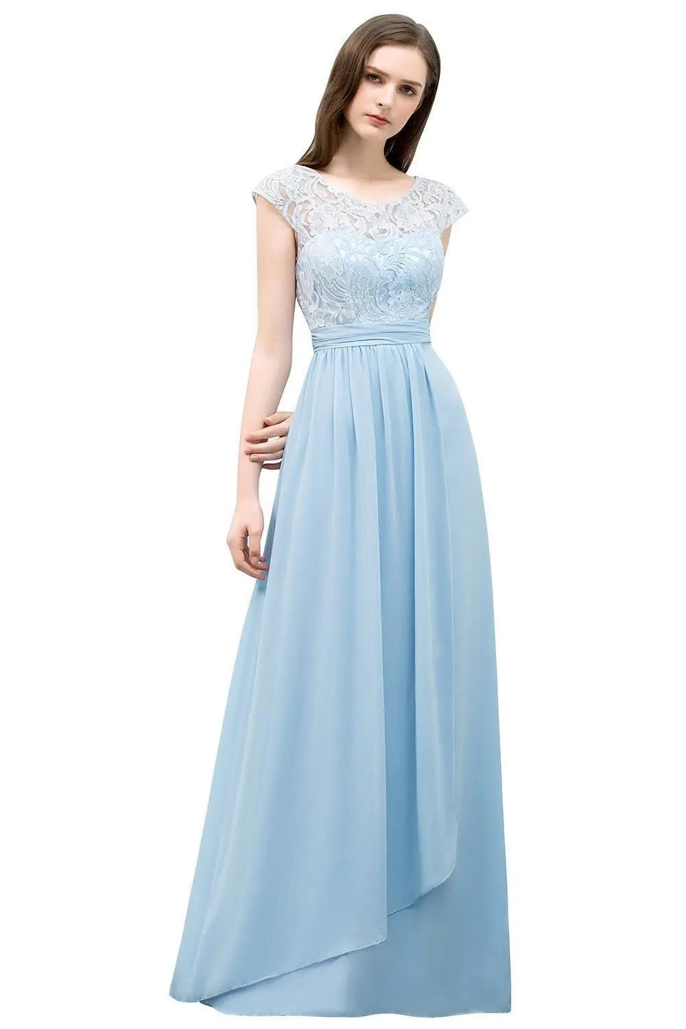 Light Blue Chiffon Long Bridesmaid Dresses Women 2024 Elegant Cap Sleeve Lace Formal Party Gowns Evening Prom