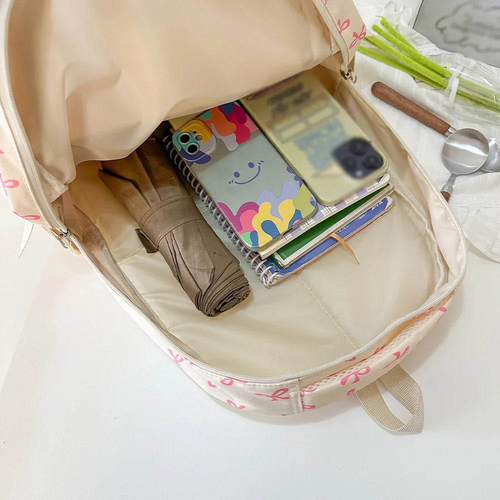 Korean Fashion Bow Print Women's Fashion Backpack Lightweight Simple Student Schoolbag Female Bag Set Three-Piece