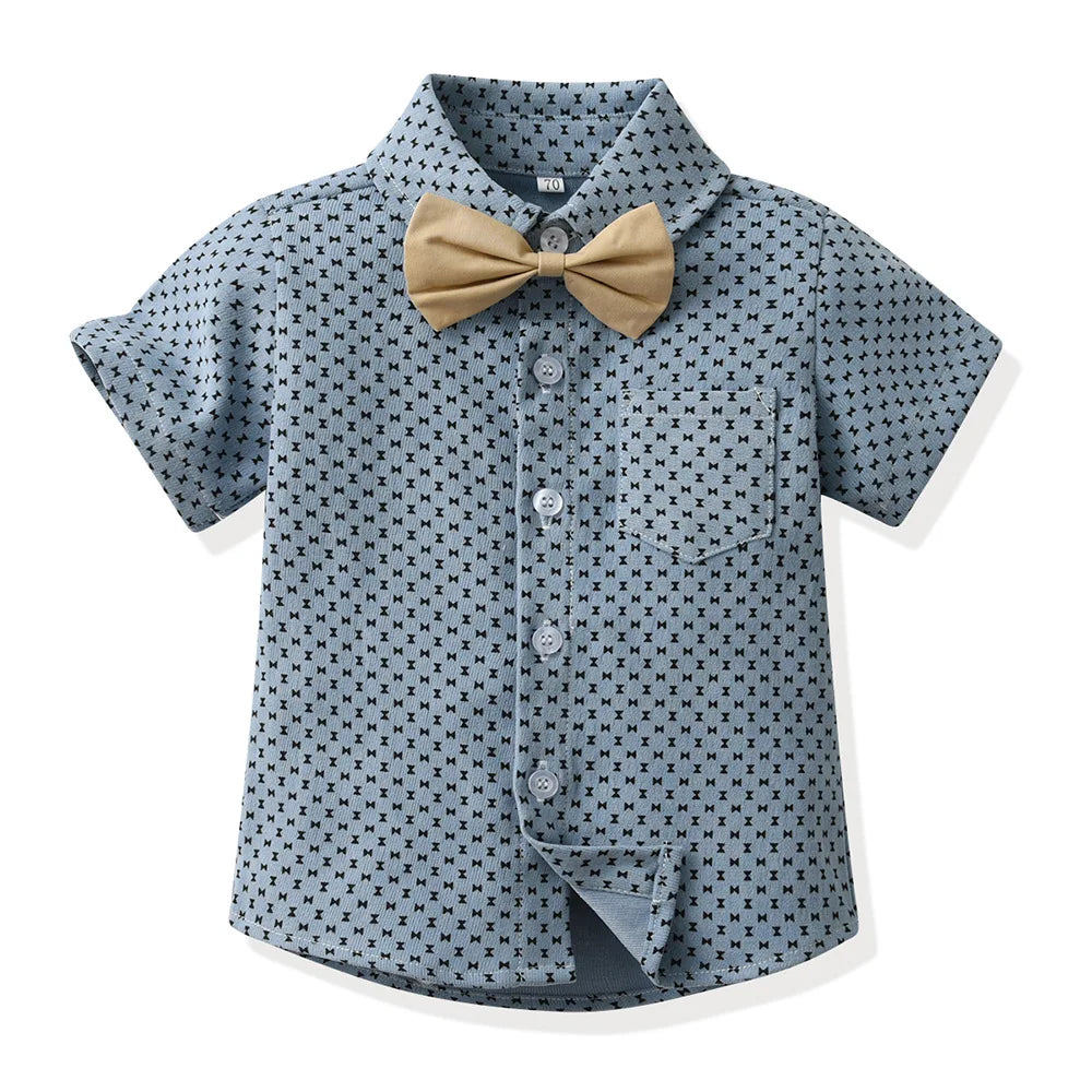 Children Formal Clothing Summer Comfortable Two Piece Set Kid Short Sleeve Shirt Bow Tie Suspenders Shorts Boy Elegant Outfit