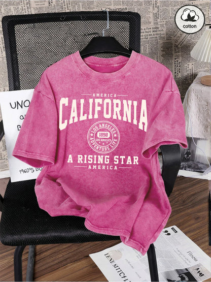 America California Printed Washed T-Shirt Mens Cotton Oversized T Shirt Casual O-Neck Short Sleeve Tops Summer Basic Male Tees
