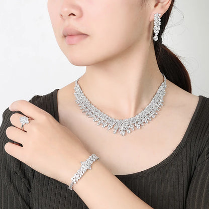 Conjuntos de joias de zircônia nupcial para mulheres, festa, luxo, colar, pulseira, brincos, anéis, casamento, BN8132, presente de aniversário