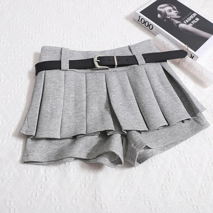 Kimotimo Womens Shorts Autumn Winter Belt High Waist Fluffy Pleated A-line Short Pants Korean Fashion Sexy Y2k All Match Clothes