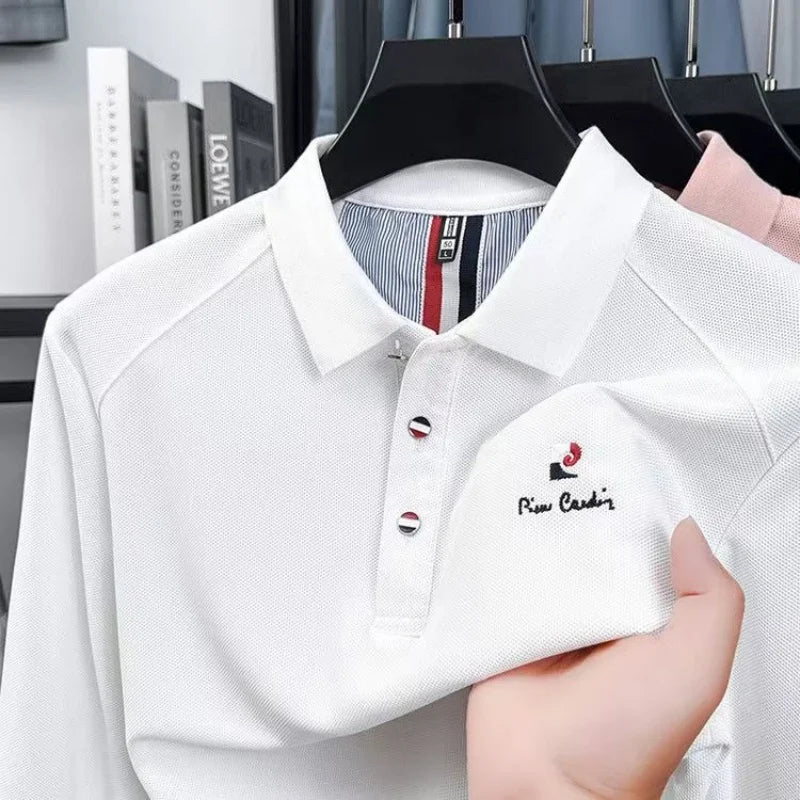 Original Design Men's Polo Shirt Lapel Long Sleeve T-Shirt Autumn New Solid Exquisite Letter Embroider Business Smart Menswear