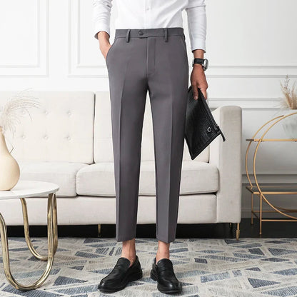 Thickened Fleece Men's Casual Straight Leg Pants Autumn Winter Elastic Slim Fit Korean Style Fashionable Nine Point Long Trou...