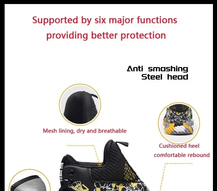 Men's All Seasons Safety Shoes Breathable Flying Woven Steel Toe Cap Impact Resistant Puncture Proof mid Cut Sneakers